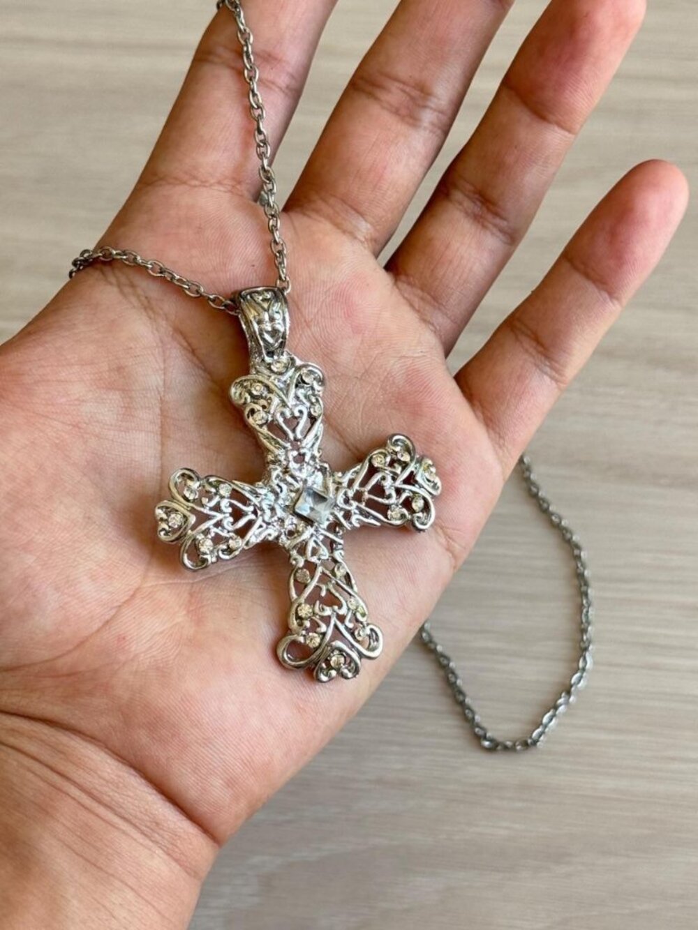 Silver Ornate Cross Pendant Chain Necklace